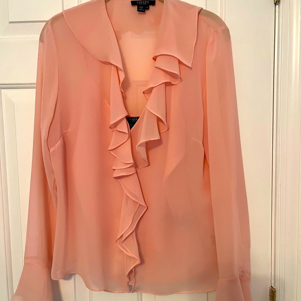 Misses-Chaps,2-piece, long sleeve, ruffled, sheer, pink top. Size 12. Gd cond$15